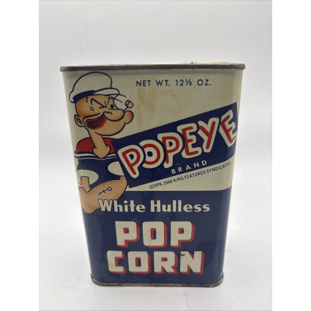 Vtg 1949 Popeye White Hulless Popcorn Tin Can 12.5 Oz  Empty Prop Advertising